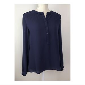 Ann Taylor Loft Womens Blouse Small Semi Sheer Notched V-Neck Long Sleeve Blue